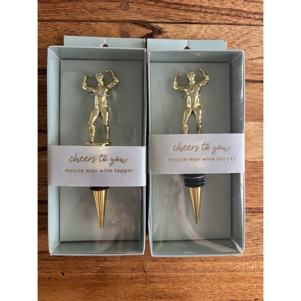Garven Muscle Man Gold Metal Wine Bottle Stoppers Set Of 2 Novelty Toppers